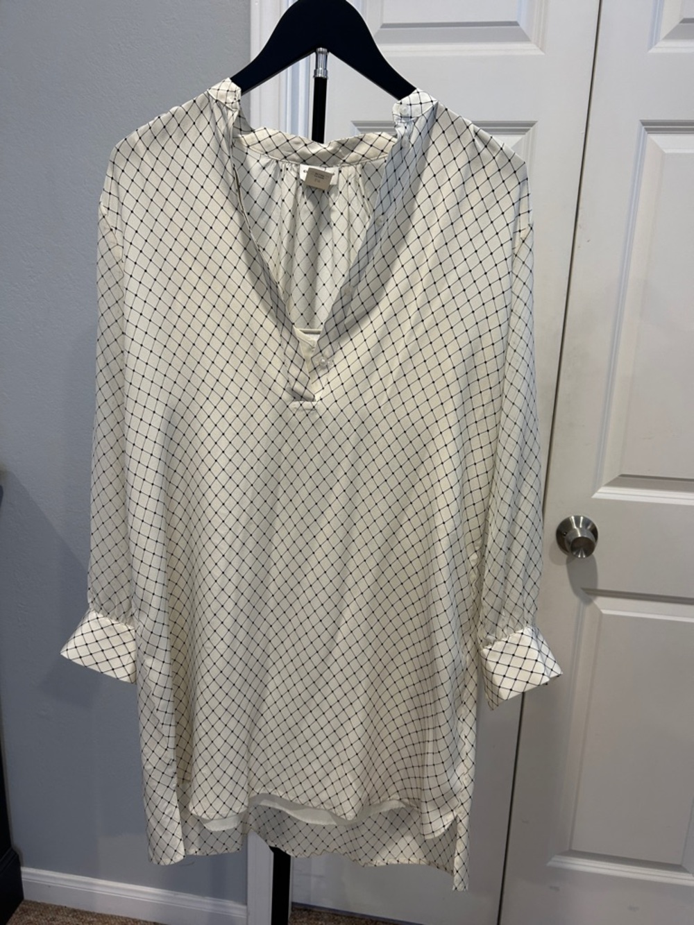 Club Monaco White Silk dress with Black Grid Print